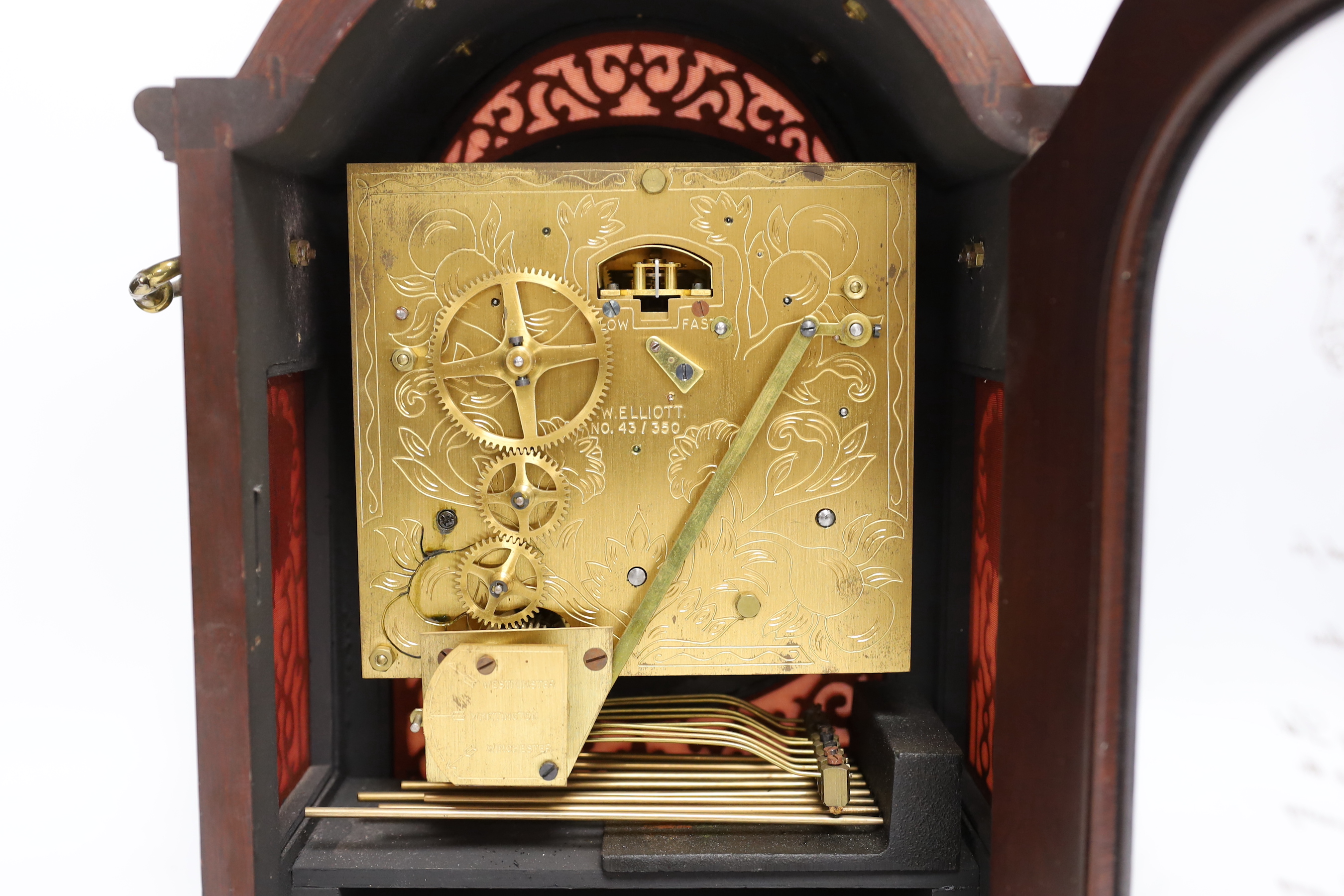 An Elliott for Garrard and Co. limited edition bracket clock celebrating their 350th anniversary, musical triple chime, eight day movement with balance escapement, 43/350, with original key, framed certificate and origin